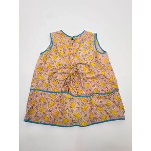 Vintage Pink & Yellow Floral Duck Sleeveless smock with Blue Trim
